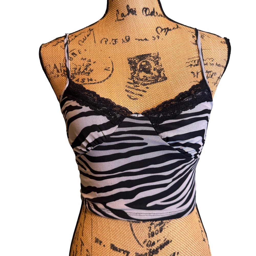 Full Tilt Womens Zebra Print Lace Trim Romantic Cami Crop Top Gray Black Small